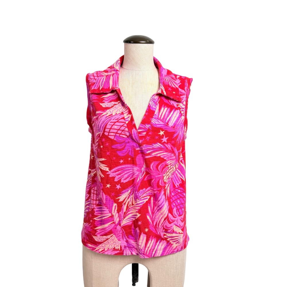 Sigrid Olsen Womens Medium Pink Red Tropical Pineapple Cotton Sleeveless‎ Top